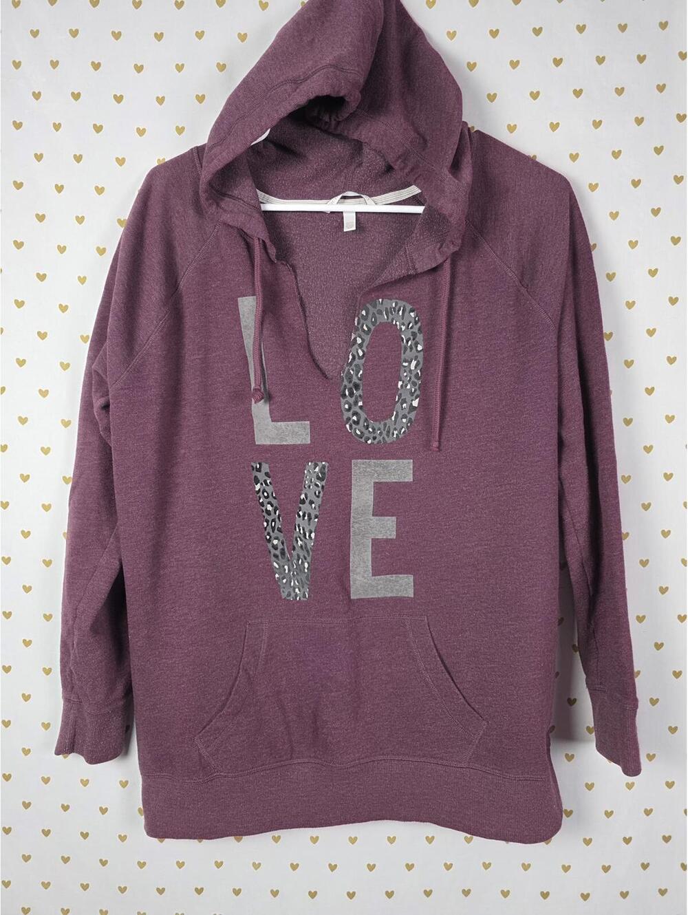 Victorias Secret Maroon V Neck Pullover Hoodie sweater CHEETAH LEOPARD LOVE Top